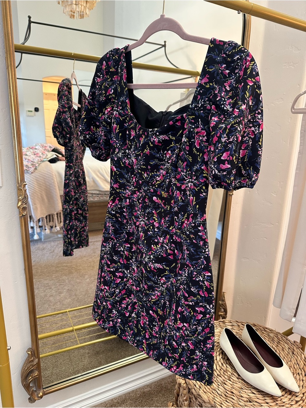 French Connection Black Mini Dress with Pink Floral Print beautiful condition!